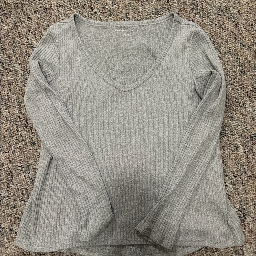 American Eagle Outfitters Gray Ribbed Long Sleeve Top
